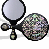 Wooden Hand Mirror Inlaid with Round Mother of Pearl Flower 